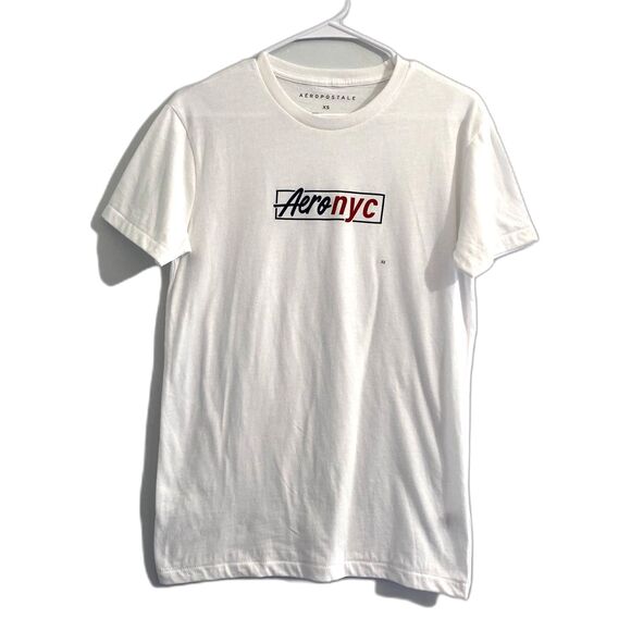 Aeropostale Spell Out Graphic Tee Script Box Logo White Aero NYC Mens Size XS - Picture 2 of 6